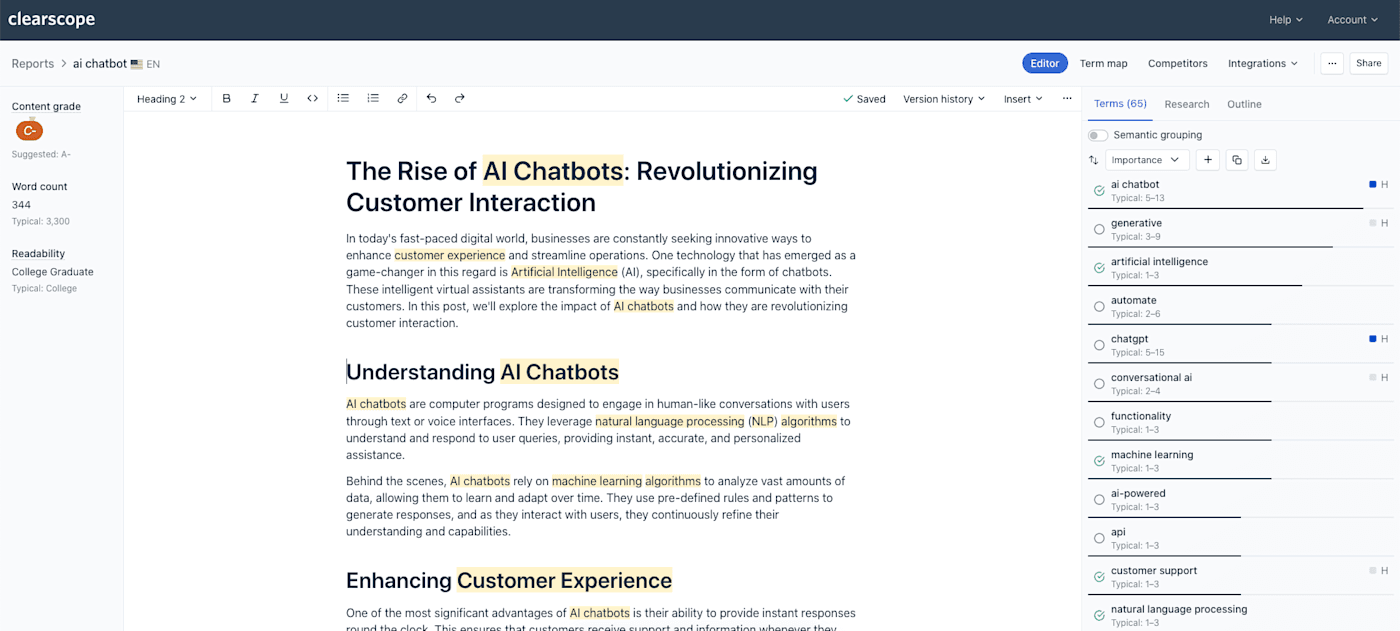 Screenshot of Clearscope's content editor